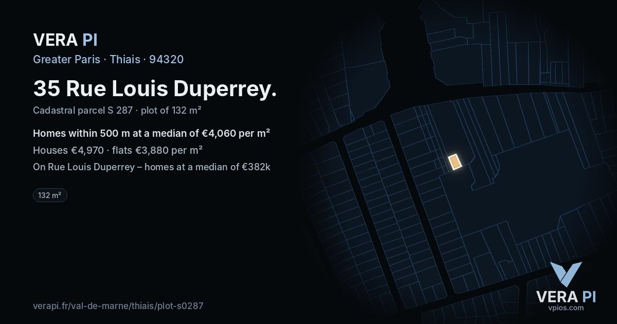 35 Rue Louis Duperrey, Thiais at night – the plot lit, the parcels around coloured by the prices near them