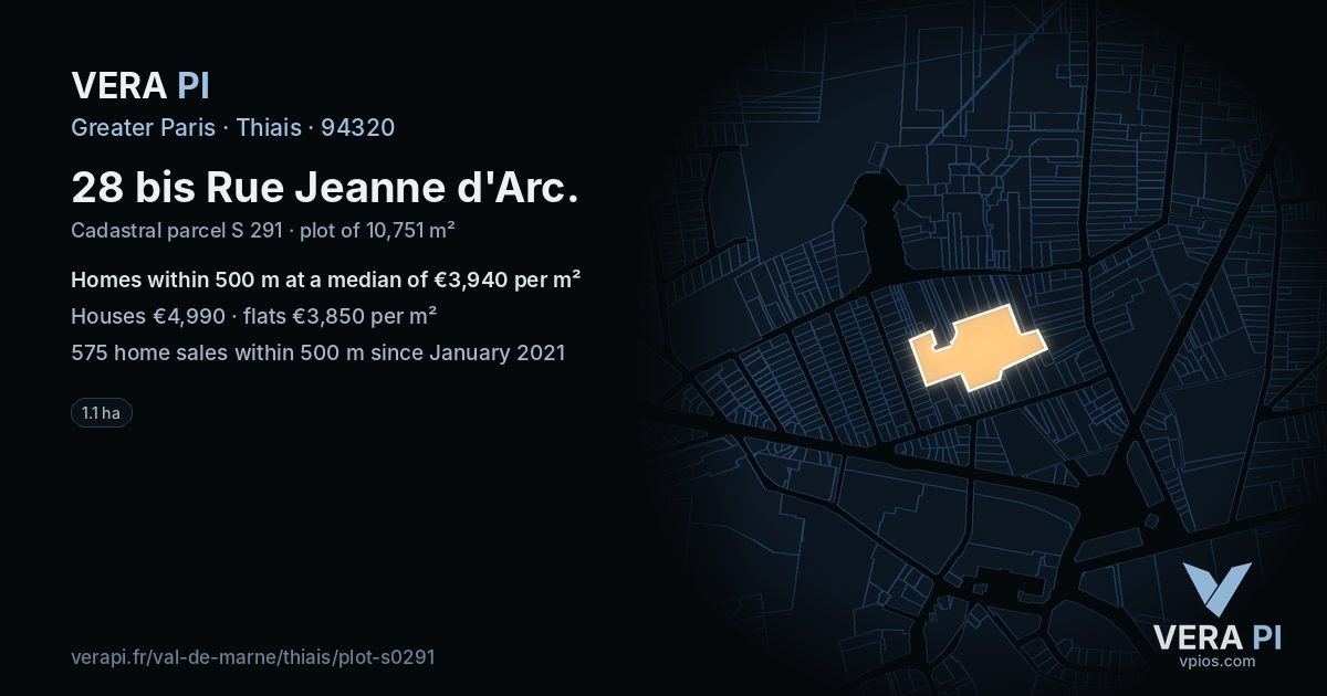 28 bis Rue Jeanne d'Arc, Thiais at night – the plot lit, the parcels around coloured by the prices near them