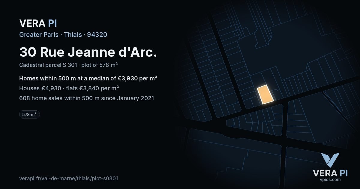 30 Rue Jeanne d'Arc, Thiais at night – the plot lit, the parcels around coloured by the prices near them