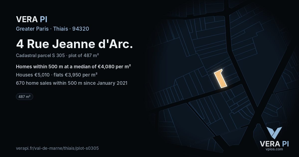 4 Rue Jeanne d'Arc, Thiais at night – the plot lit, the parcels around coloured by the prices near them