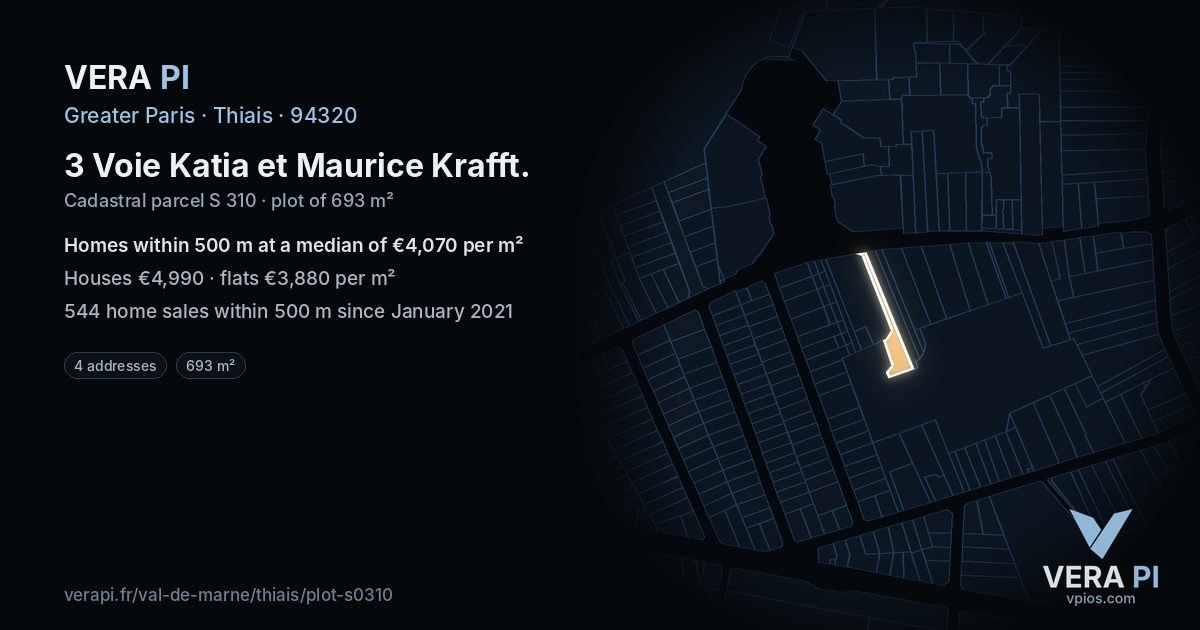 3 Voie Katia et Maurice Krafft, Thiais at night – the plot lit, the parcels around coloured by the prices near them