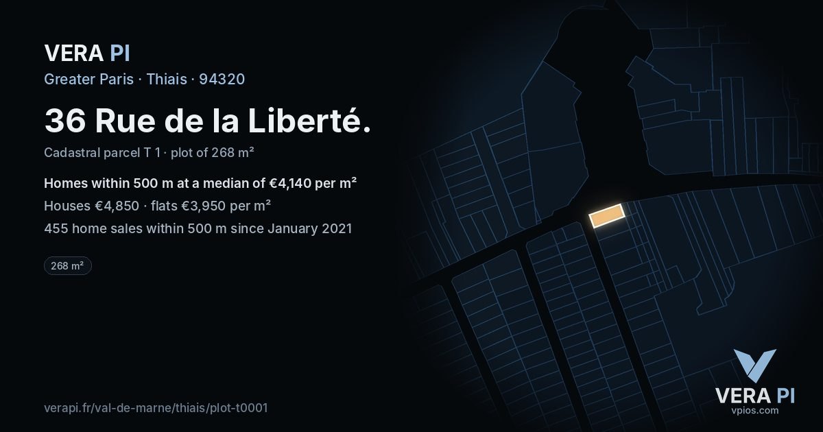 36 Rue de la Liberté, Thiais at night – the plot lit, the parcels around coloured by the prices near them