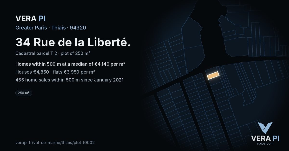 34 Rue de la Liberté, Thiais at night – the plot lit, the parcels around coloured by the prices near them