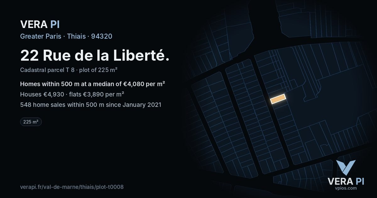 22 Rue de la Liberté, Thiais at night – the plot lit, the parcels around coloured by the prices near them