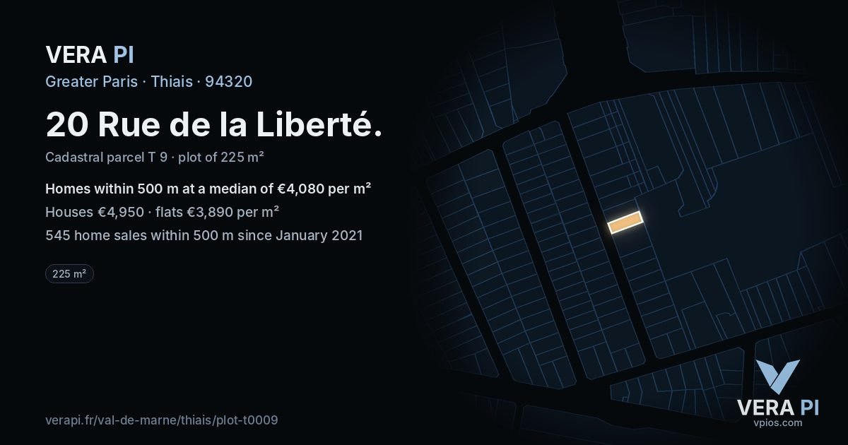 20 Rue de la Liberté, Thiais at night – the plot lit, the parcels around coloured by the prices near them