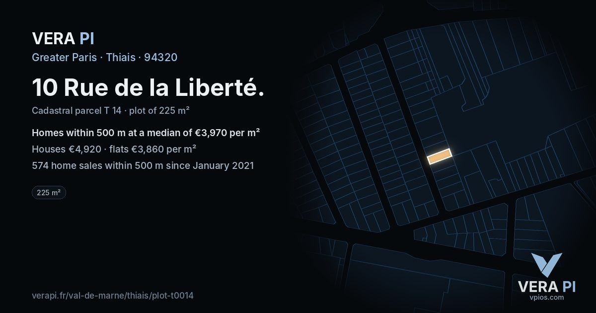 10 Rue de la Liberté, Thiais at night – the plot lit, the parcels around coloured by the prices near them