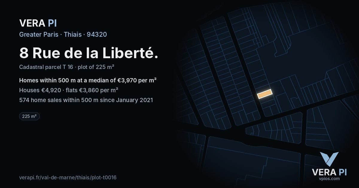 8 Rue de la Liberté, Thiais at night – the plot lit, the parcels around coloured by the prices near them
