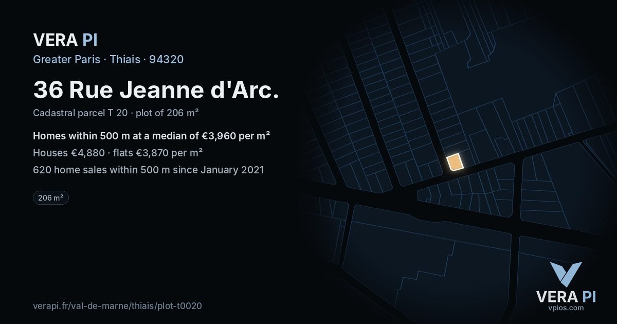 36 Rue Jeanne d'Arc, Thiais at night – the plot lit, the parcels around coloured by the prices near them