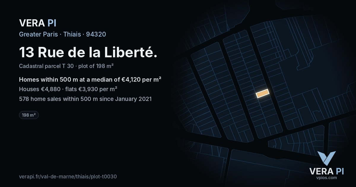 13 Rue de la Liberté, Thiais at night – the plot lit, the parcels around coloured by the prices near them