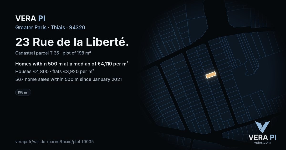 23 Rue de la Liberté, Thiais at night – the plot lit, the parcels around coloured by the prices near them
