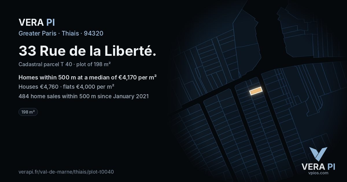 33 Rue de la Liberté, Thiais at night – the plot lit, the parcels around coloured by the prices near them