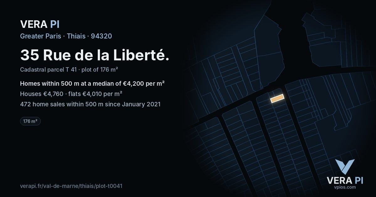 35 Rue de la Liberté, Thiais at night – the plot lit, the parcels around coloured by the prices near them