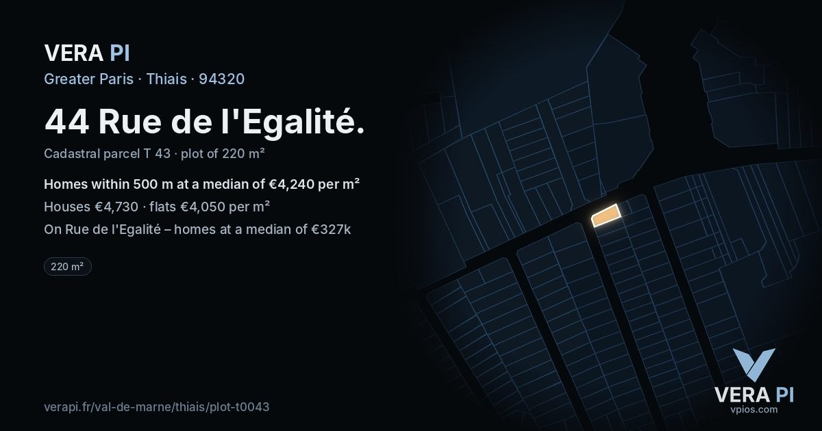 44 Rue de l'Egalité, Thiais at night – the plot lit, the parcels around coloured by the prices near them