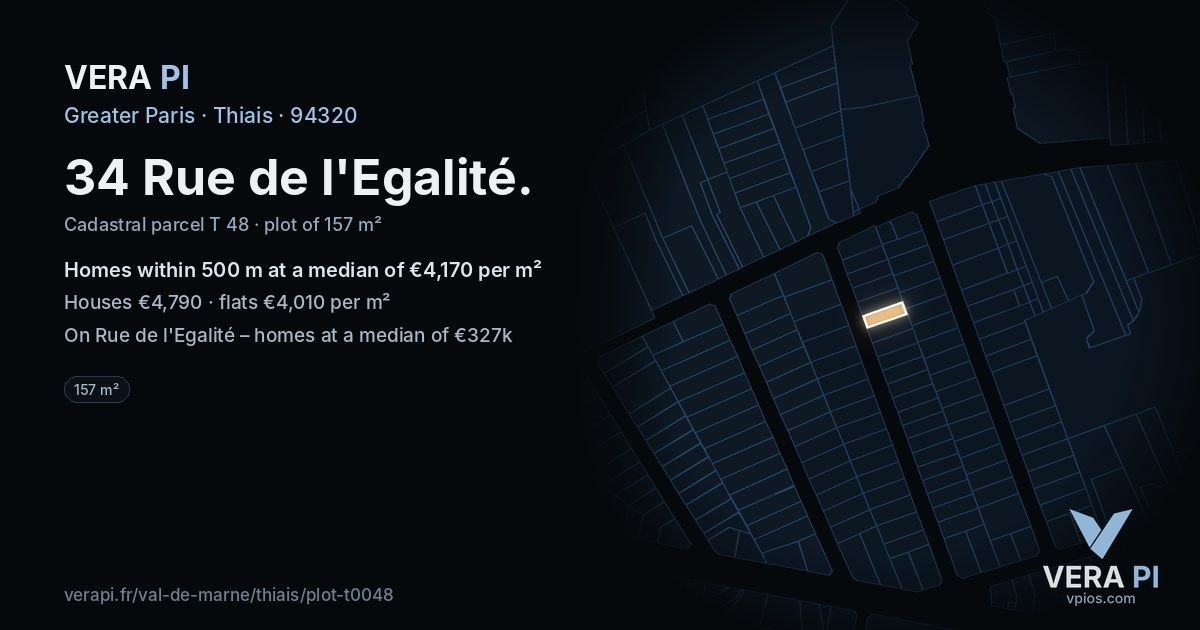 34 Rue de l'Egalité, Thiais at night – the plot lit, the parcels around coloured by the prices near them