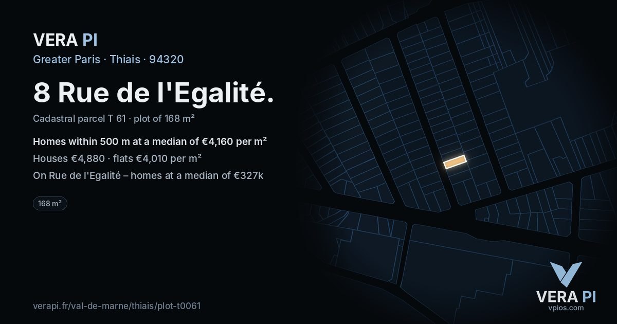 8 Rue de l'Egalité, Thiais at night – the plot lit, the parcels around coloured by the prices near them
