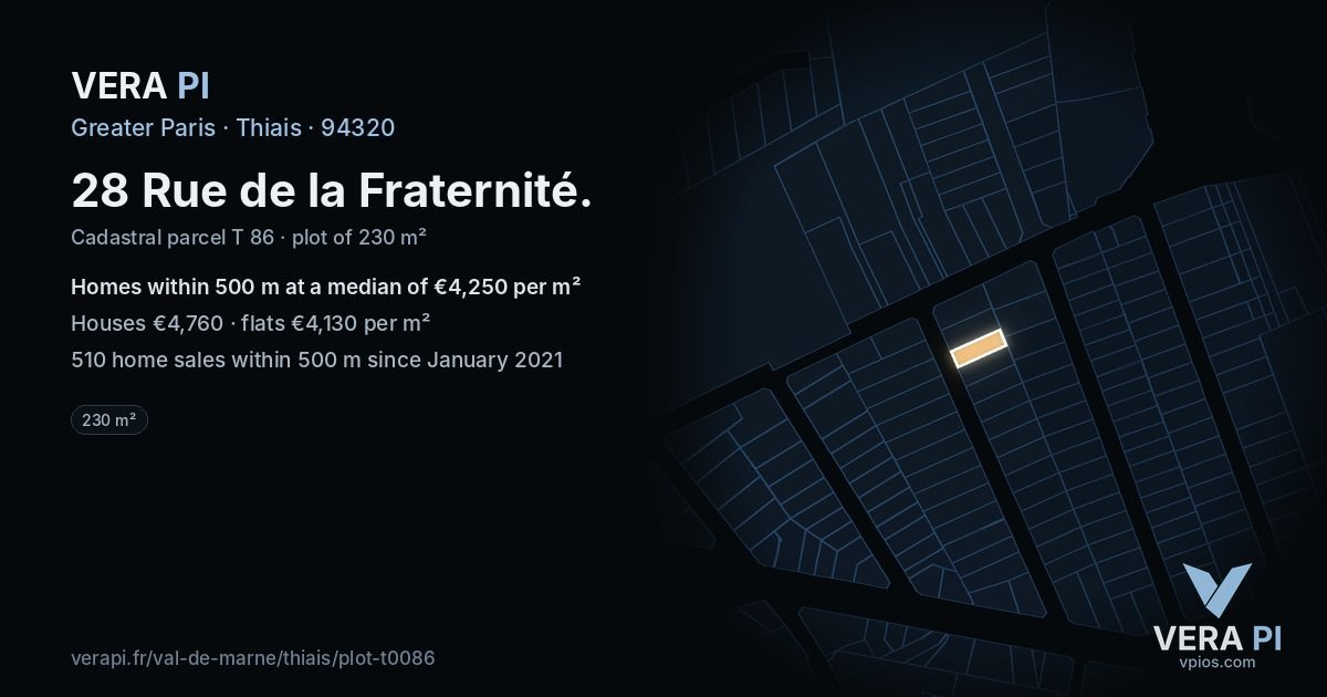 28 Rue de la Fraternité, Thiais at night – the plot lit, the parcels around coloured by the prices near them