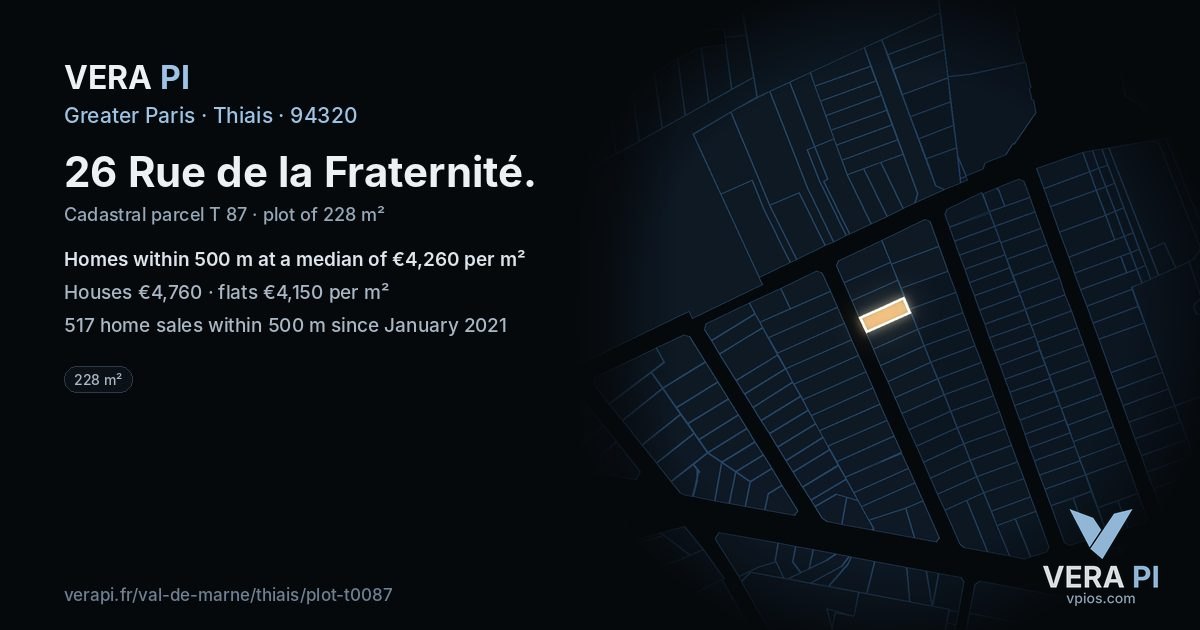 26 Rue de la Fraternité, Thiais at night – the plot lit, the parcels around coloured by the prices near them