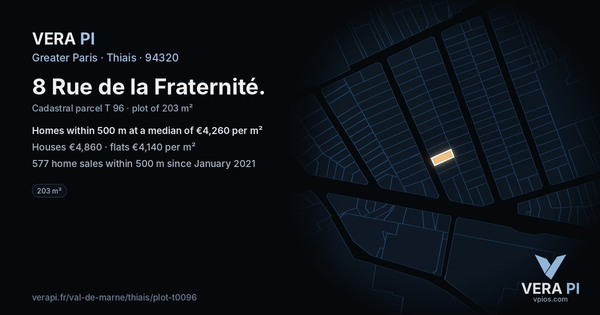8 Rue de la Fraternité, Thiais at night – the plot lit, the parcels around coloured by the prices near them