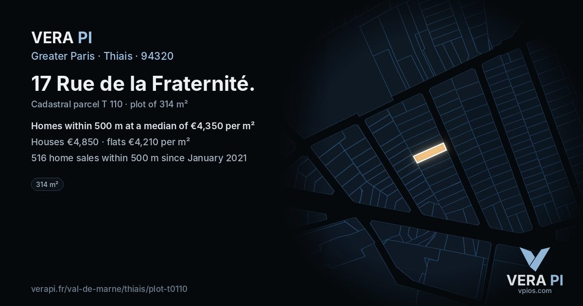 17 Rue de la Fraternité, Thiais at night – the plot lit, the parcels around coloured by the prices near them