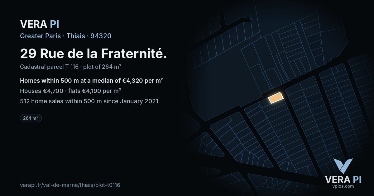 29 Rue de la Fraternité, Thiais at night – the plot lit, the parcels around coloured by the prices near them