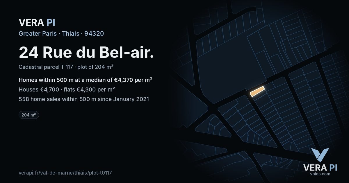 24 Rue du Bel-air, Thiais at night – the plot lit, the parcels around coloured by the prices near them