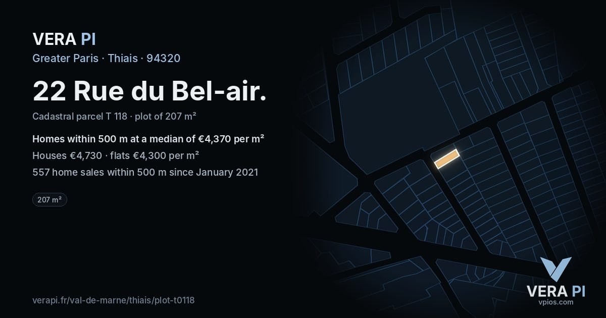 22 Rue du Bel-air, Thiais at night – the plot lit, the parcels around coloured by the prices near them
