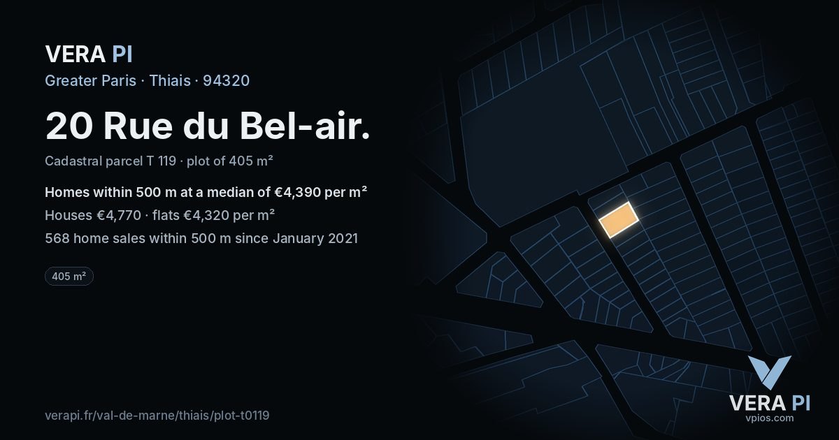 20 Rue du Bel-air, Thiais at night – the plot lit, the parcels around coloured by the prices near them