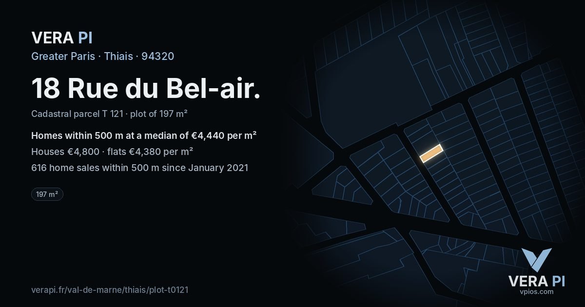 18 Rue du Bel-air, Thiais at night – the plot lit, the parcels around coloured by the prices near them