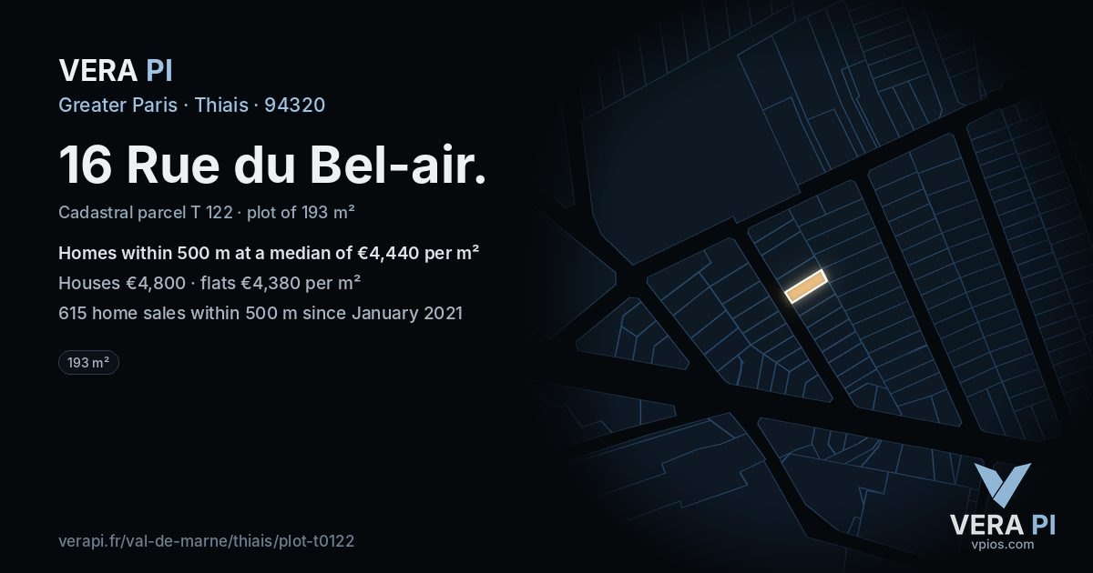 16 Rue du Bel-air, Thiais at night – the plot lit, the parcels around coloured by the prices near them