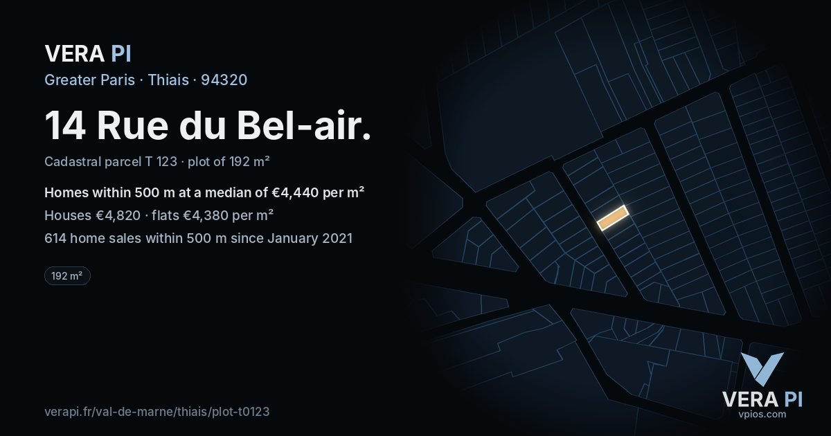 14 Rue du Bel-air, Thiais at night – the plot lit, the parcels around coloured by the prices near them