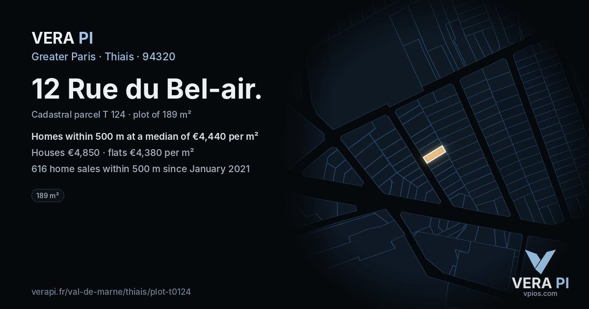 12 Rue du Bel-air, Thiais at night – the plot lit, the parcels around coloured by the prices near them