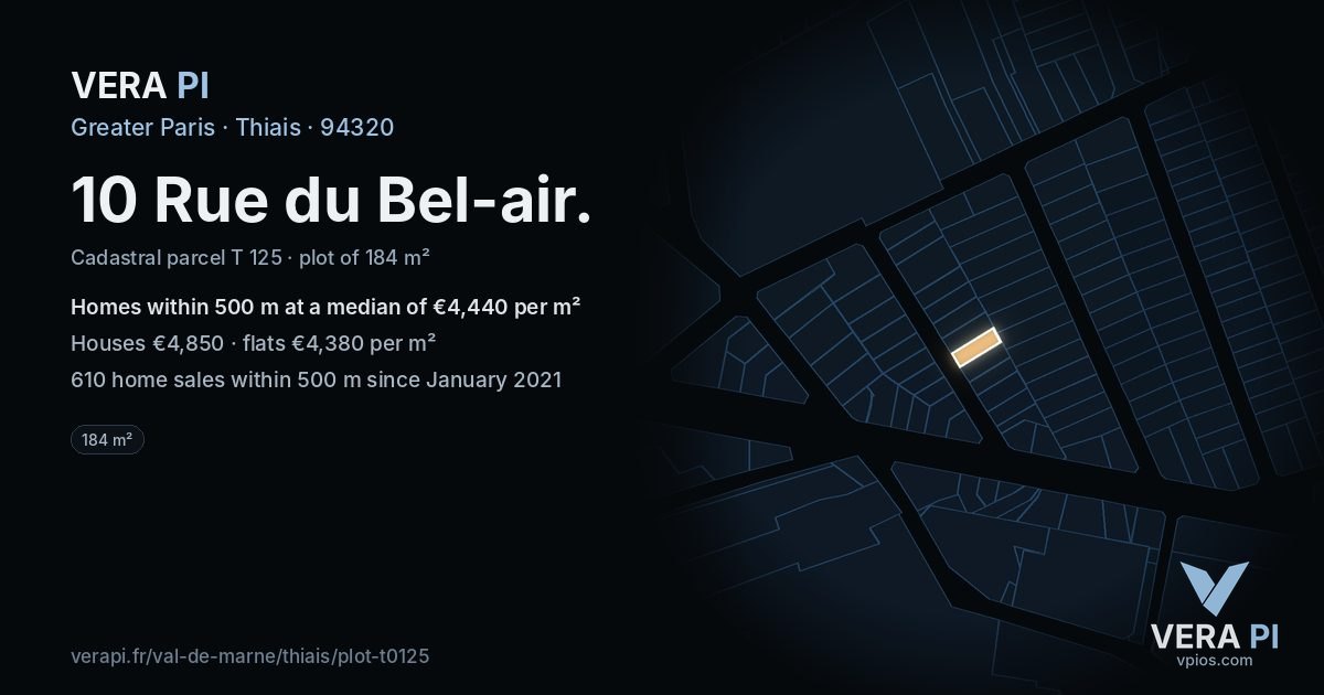 10 Rue du Bel-air, Thiais at night – the plot lit, the parcels around coloured by the prices near them