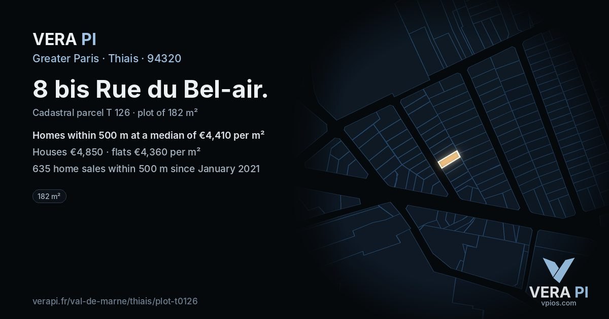 8 bis Rue du Bel-air, Thiais at night – the plot lit, the parcels around coloured by the prices near them