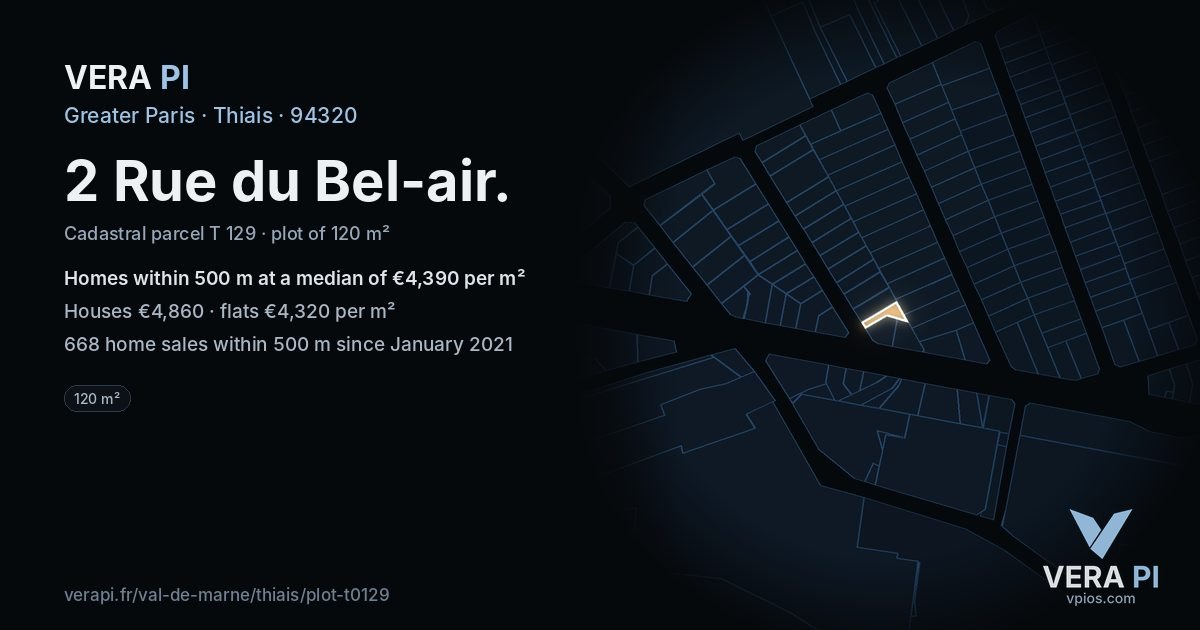 2 Rue du Bel-air, Thiais at night – the plot lit, the parcels around coloured by the prices near them
