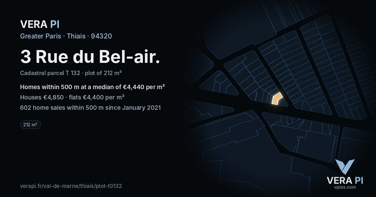 3 Rue du Bel-air, Thiais at night – the plot lit, the parcels around coloured by the prices near them