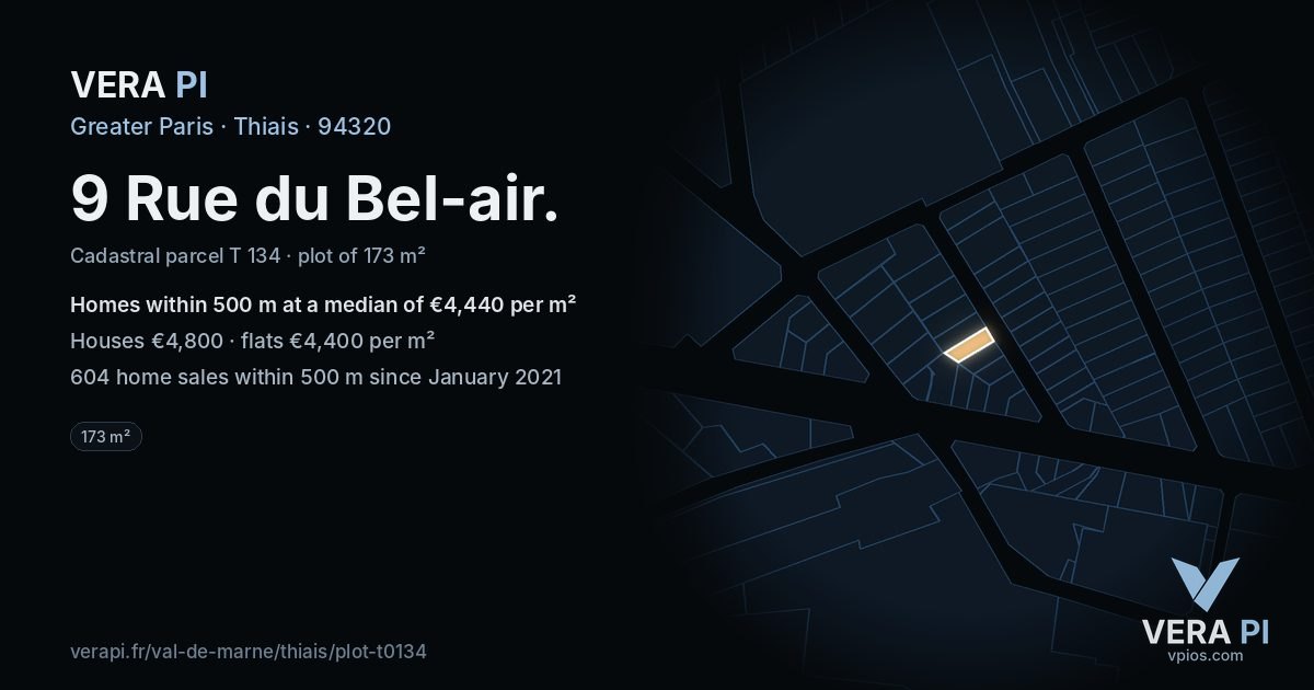 9 Rue du Bel-air, Thiais at night – the plot lit, the parcels around coloured by the prices near them
