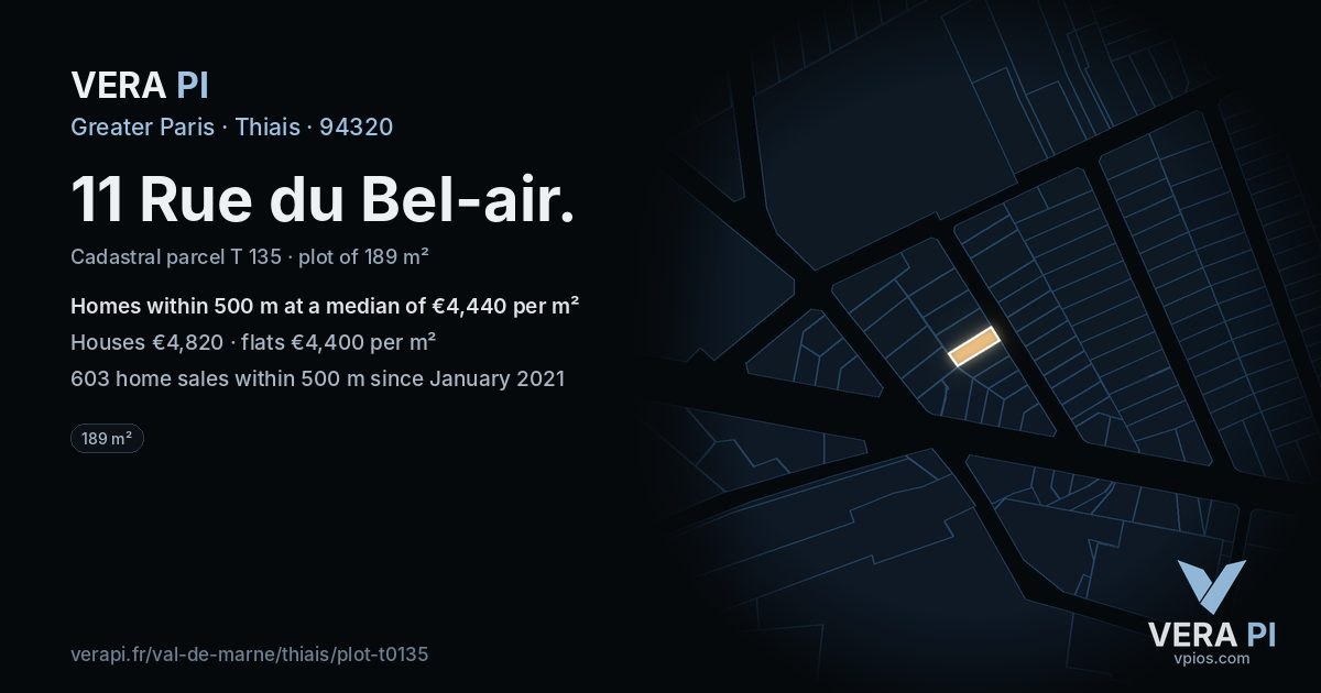 11 Rue du Bel-air, Thiais at night – the plot lit, the parcels around coloured by the prices near them