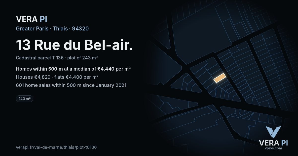 13 Rue du Bel-air, Thiais at night – the plot lit, the parcels around coloured by the prices near them