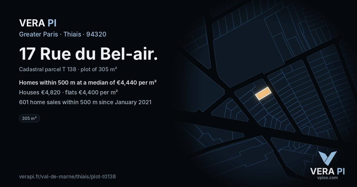 17 Rue du Bel-air, Thiais at night – the plot lit, the parcels around coloured by the prices near them