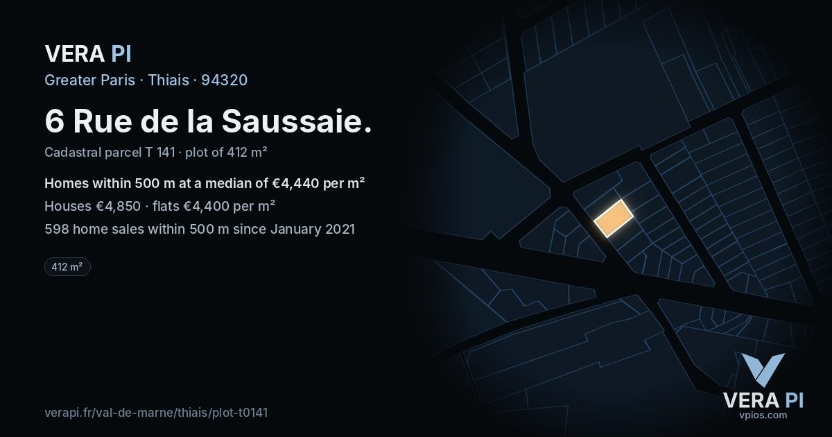6 Rue de la Saussaie, Thiais at night – the plot lit, the parcels around coloured by the prices near them