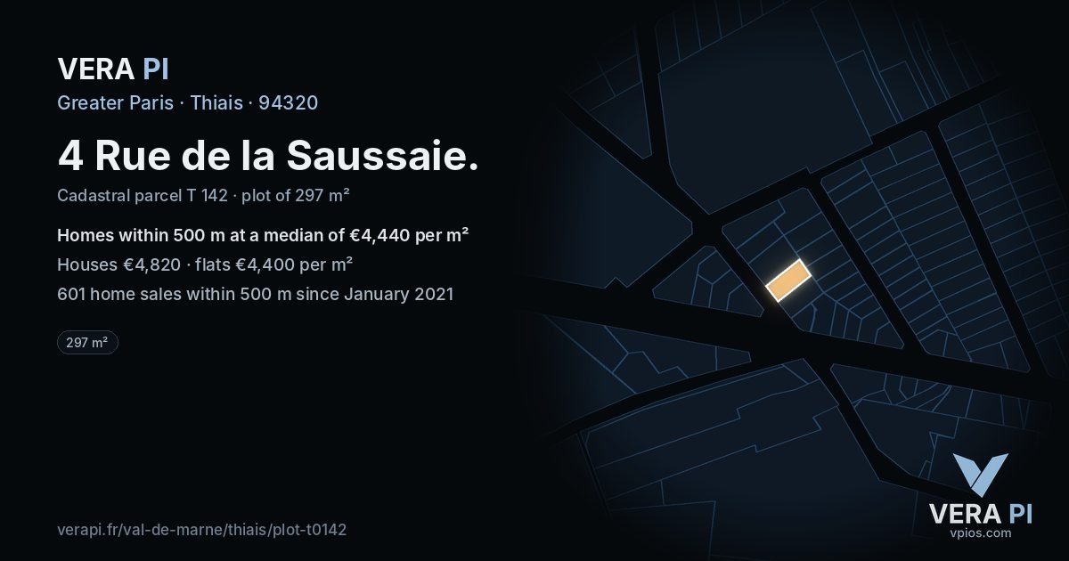 4 Rue de la Saussaie, Thiais at night – the plot lit, the parcels around coloured by the prices near them