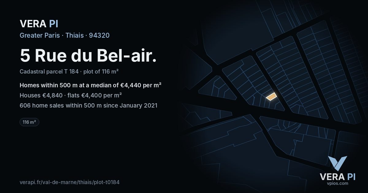 5 Rue du Bel-air, Thiais at night – the plot lit, the parcels around coloured by the prices near them