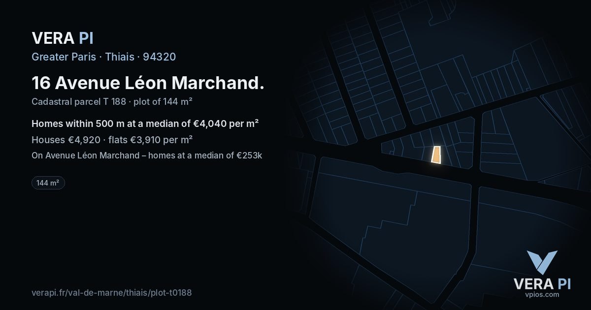 16 Avenue Léon Marchand, Thiais at night – the plot lit, the parcels around coloured by the prices near them
