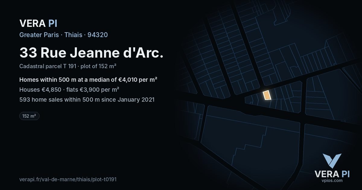 33 Rue Jeanne d'Arc, Thiais at night – the plot lit, the parcels around coloured by the prices near them