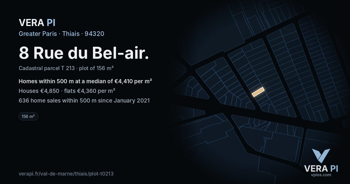 8 Rue du Bel-air, Thiais at night – the plot lit, the parcels around coloured by the prices near them