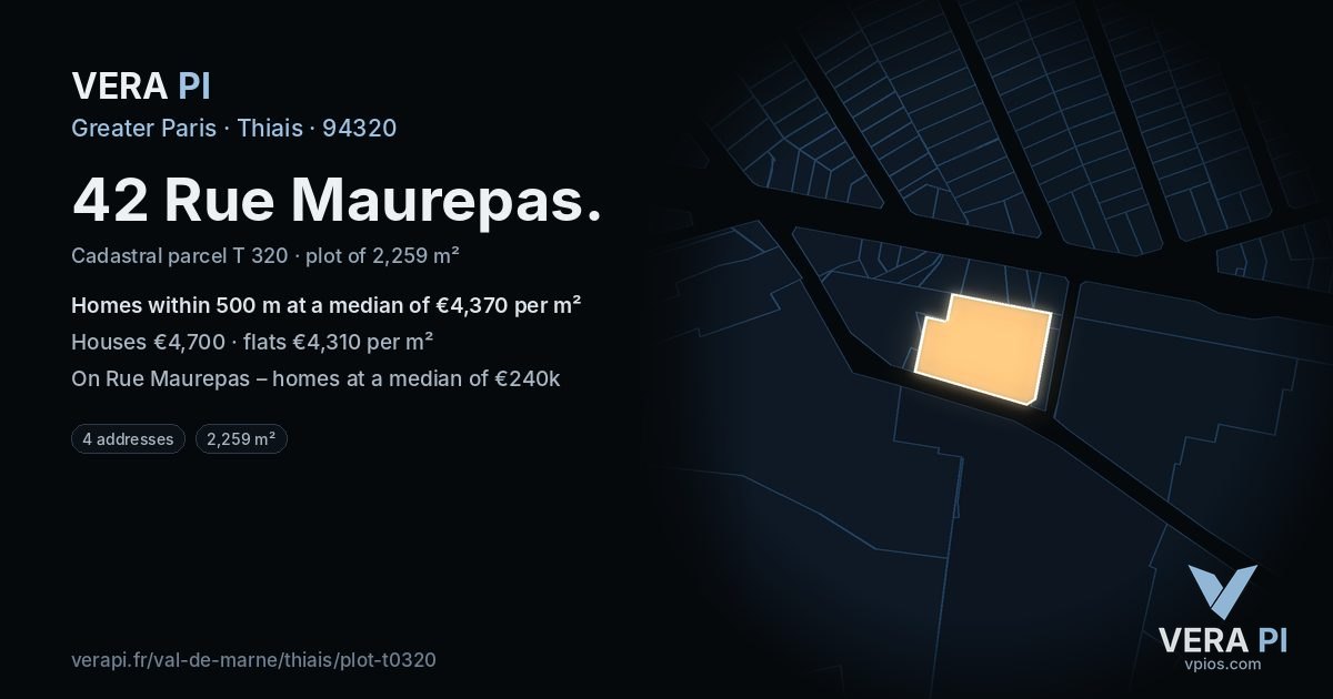 42 Rue Maurepas, Thiais at night – the plot lit, the parcels around coloured by the prices near them