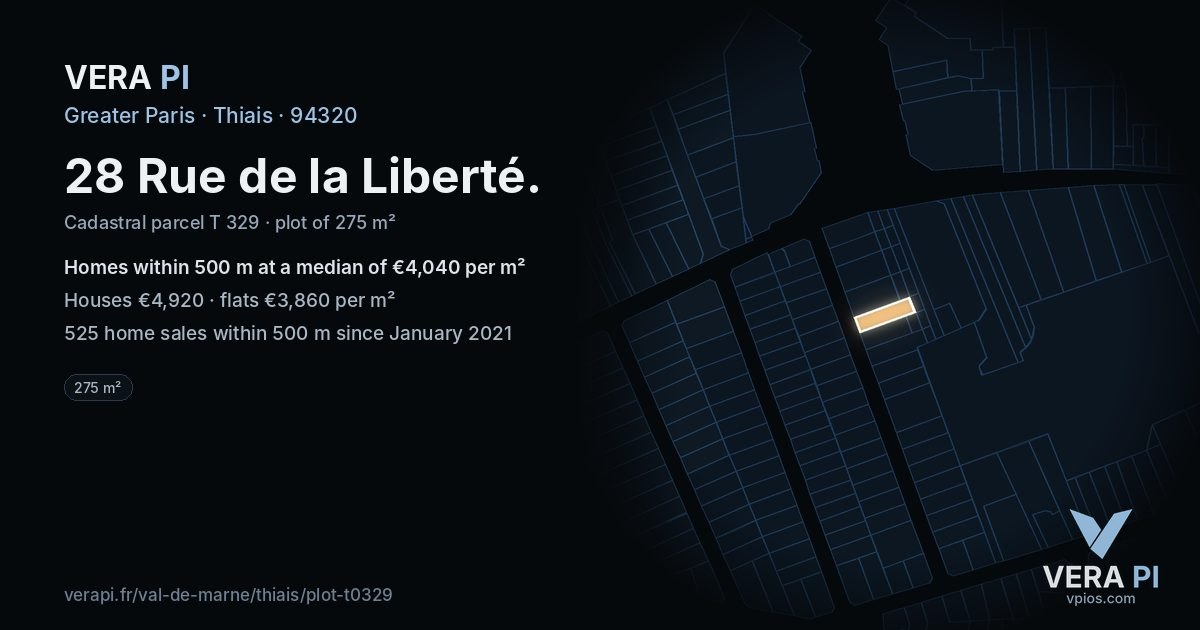 28 Rue de la Liberté, Thiais at night – the plot lit, the parcels around coloured by the prices near them