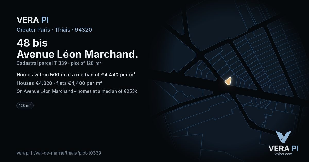 48 bis Avenue Léon Marchand, Thiais at night – the plot lit, the parcels around coloured by the prices near them