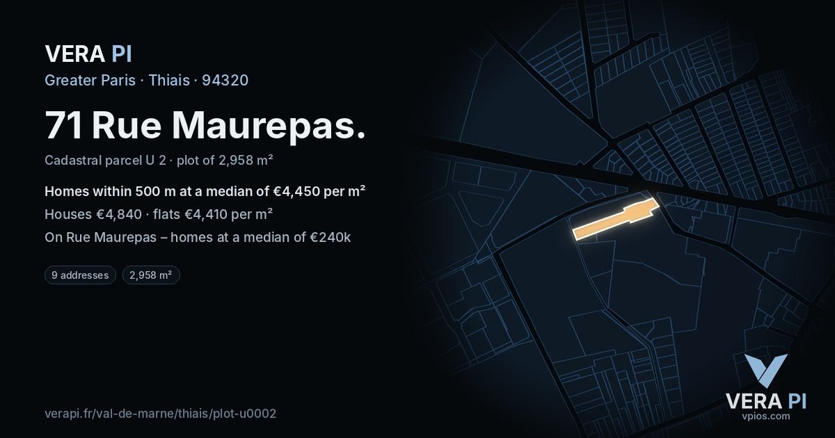 71 Rue Maurepas, Thiais at night – the plot lit, the parcels around coloured by the prices near them