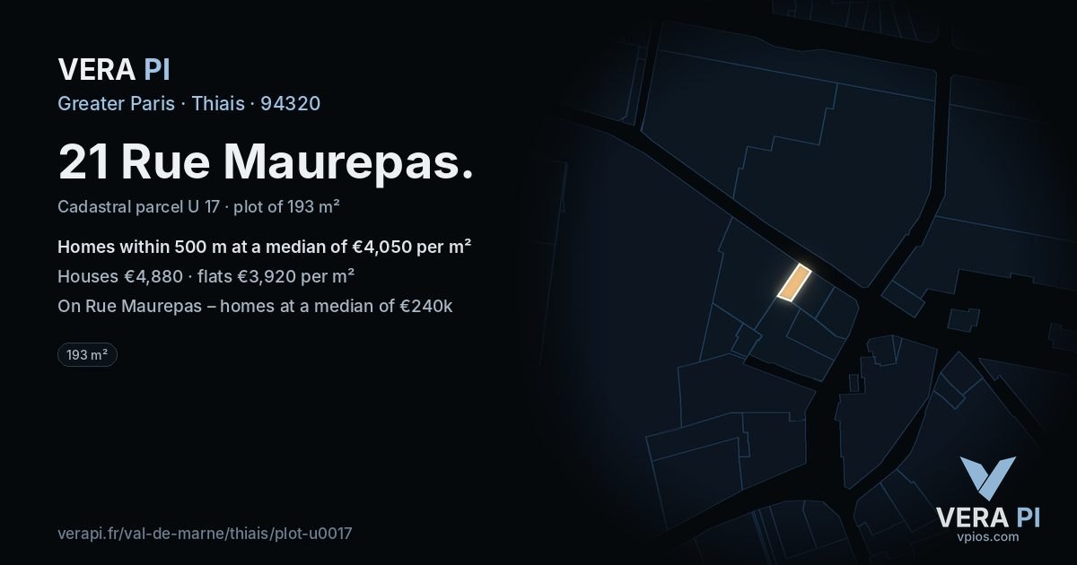 21 Rue Maurepas, Thiais at night – the plot lit, the parcels around coloured by the prices near them